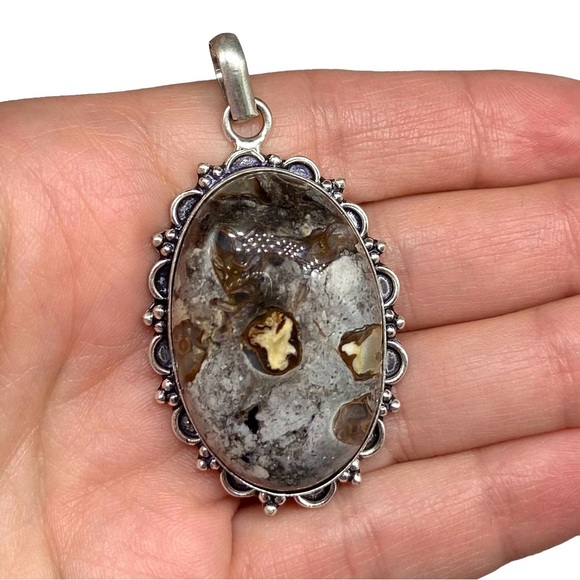 Jewelry - Peanut Jasper Necklace Pendant 925 Sterling Silver Overlay Oval Stone Neutral